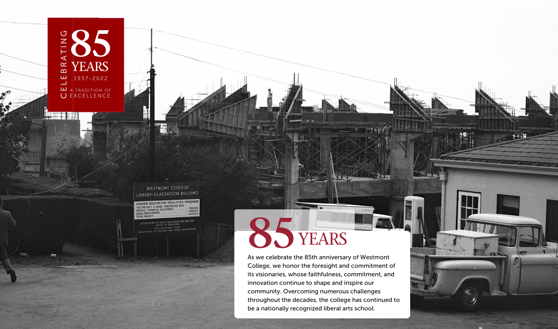 85th Anniversary header and text on top of image of when library first being built.