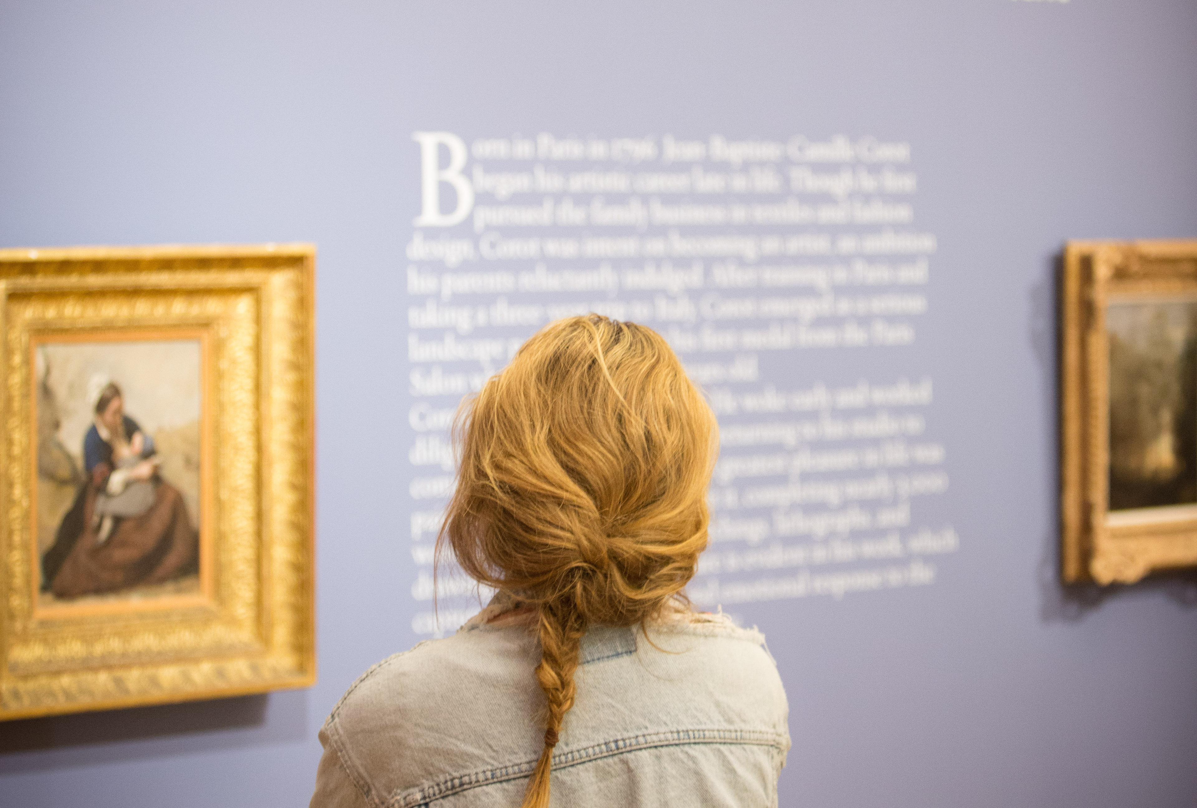 Observer looking at art in Jean-Baptiste-Camille Corot Exhibit in the Museum, Lady Leslie Ridley-Tree Collection