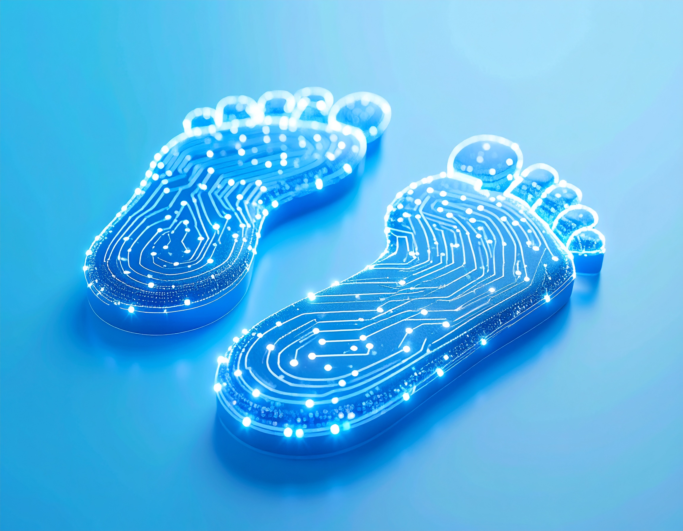 Firefly_create a digital footprint using blues and whites with light blue background circuit 671364