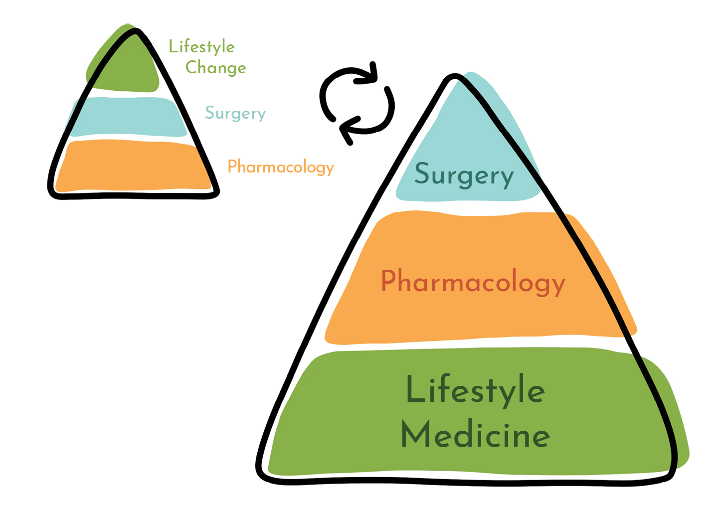 A pyramid where lifestyle medicine is on the bottom, then pharmacology above it, and surgery at the top.