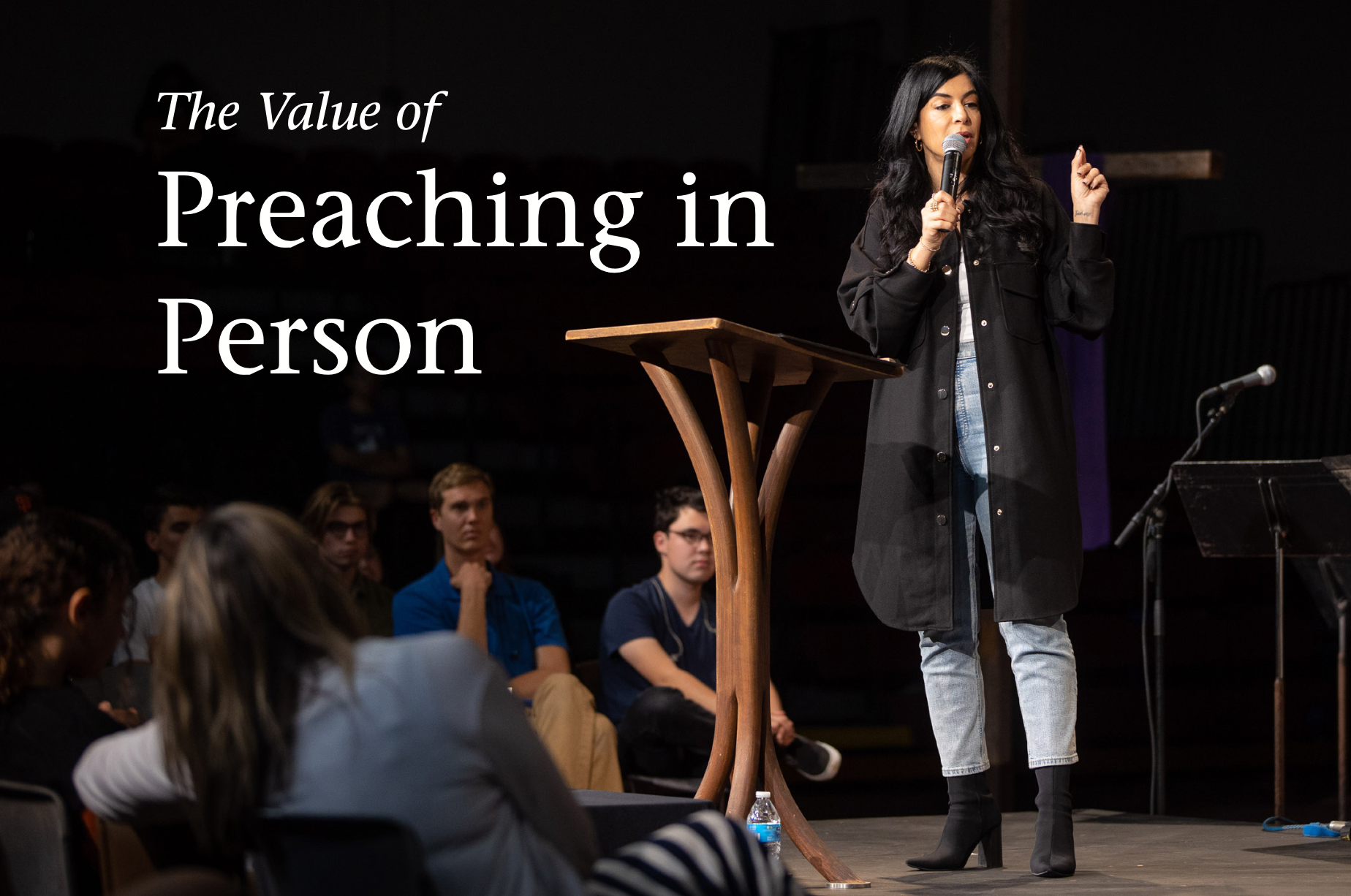 "The Value of Preaching in Person" text with woman preaching for Magazine Spring 2024
