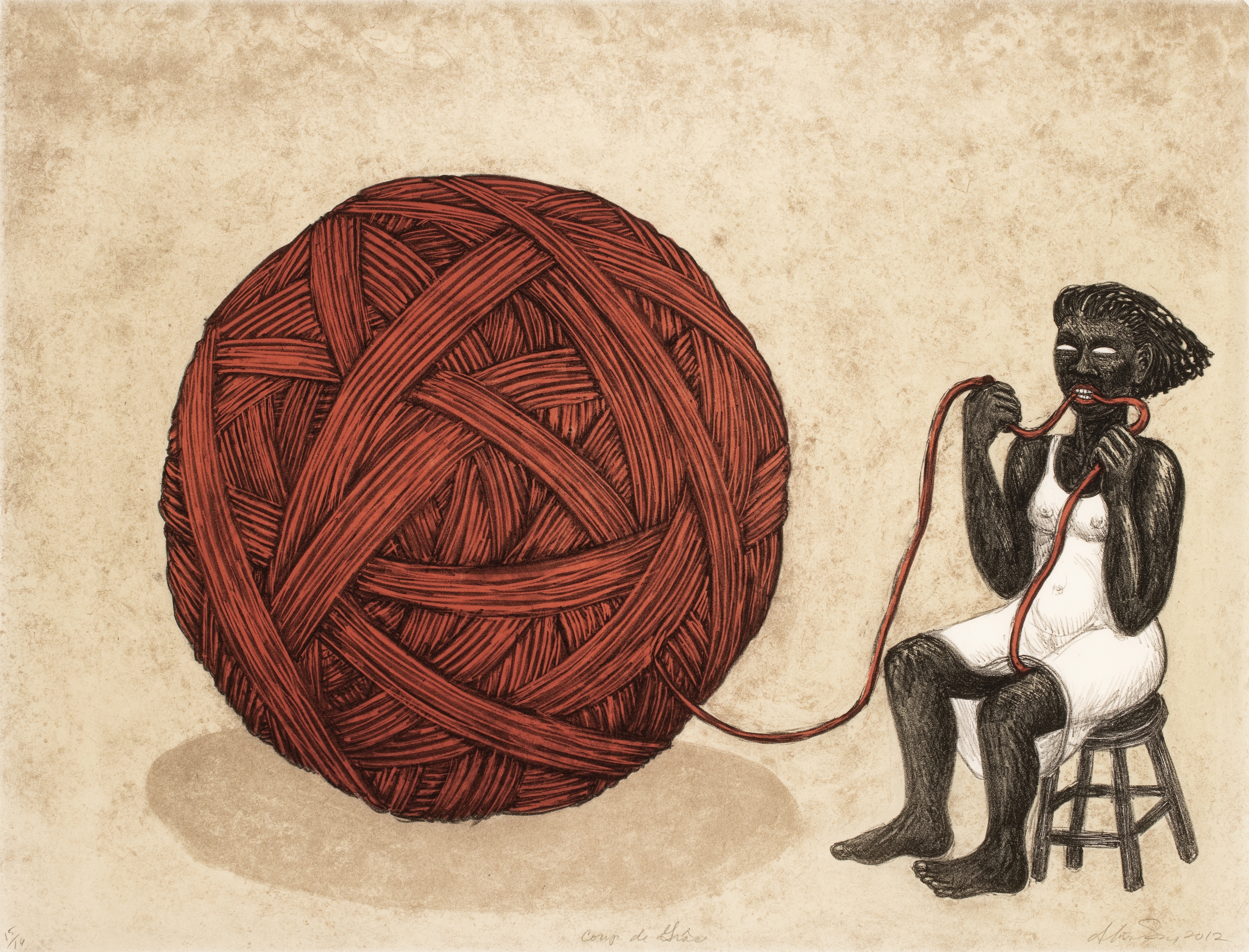 Print of woman seated in chair, biting on a thread of red string that coils into a massive ball of yarn to her left.
