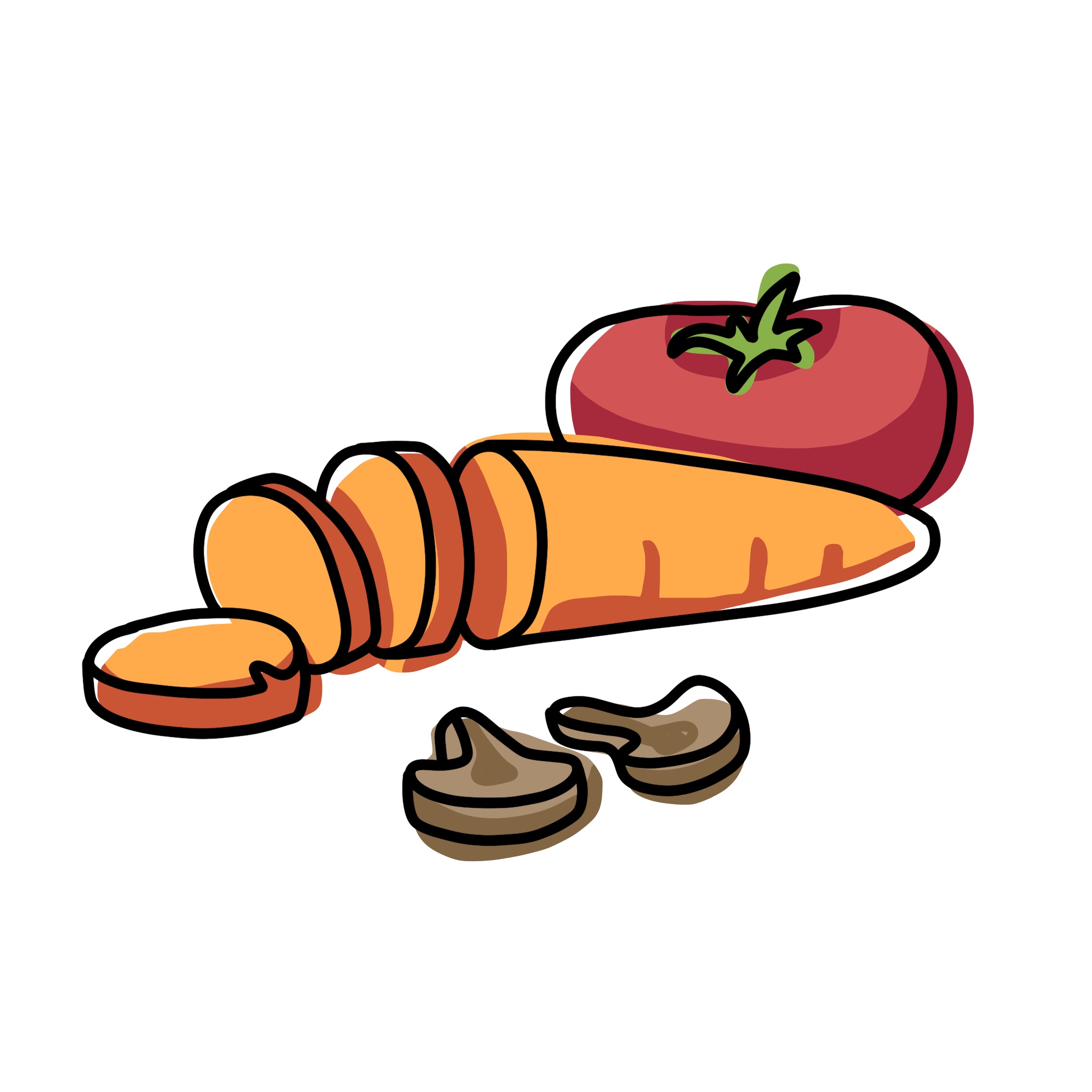 Illustration of a tomato, carrot, and mushrooms