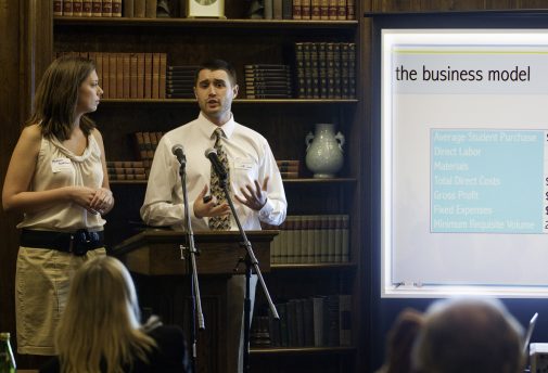 Madison Robertson '12 and Jeff Jonas '11 at the Westmont Collegiate Entrepreneurship Business Plan Competition