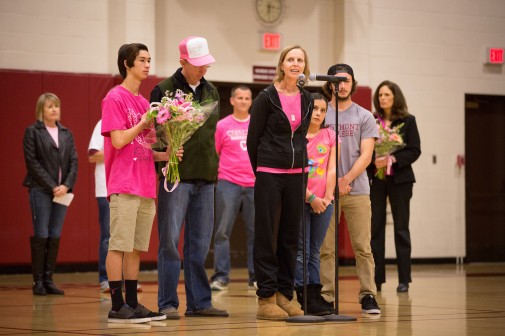 Kenon Neal and her family where honored during halftime as the Warriors pinked out the gym