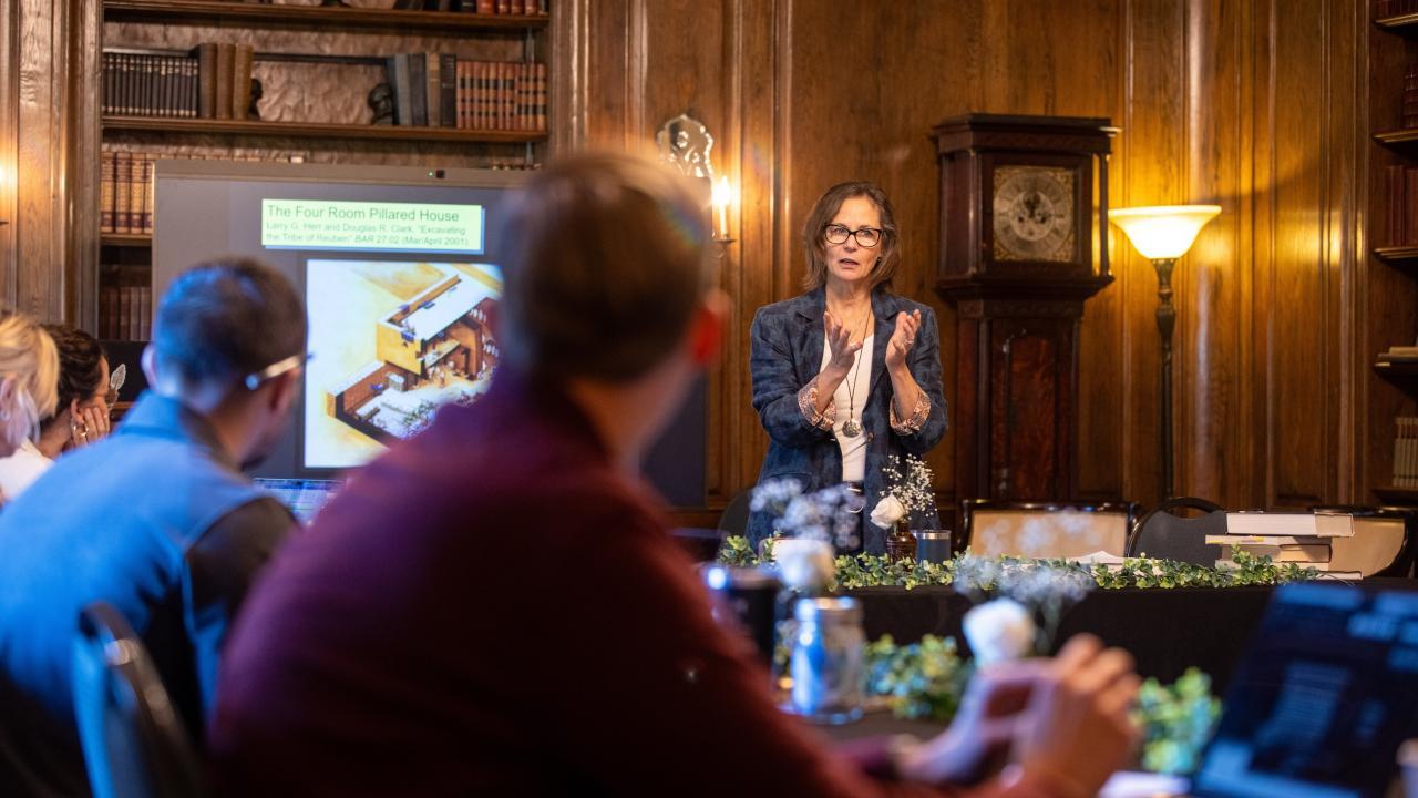 Sandy speaking to a group 