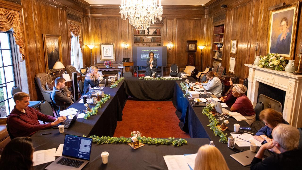 wide shot of certificate of leadership group in session