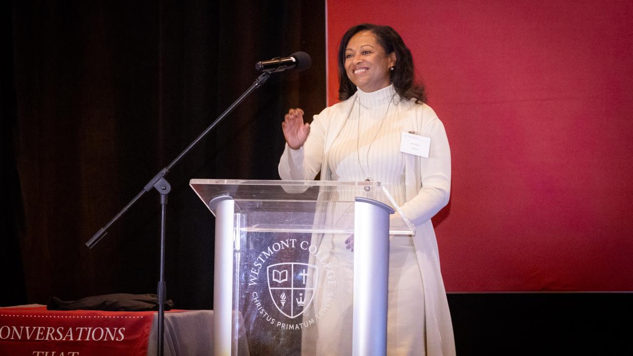 Provost Kim Denu addresses luncheon.