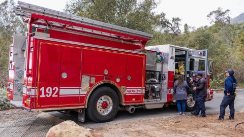 Montecito Fire truck giving visitors a tour of the inside of the truck.