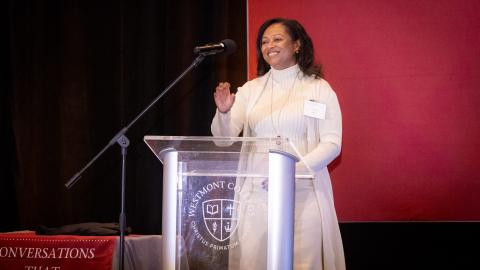 Provost Kim Denu addresses luncheon.