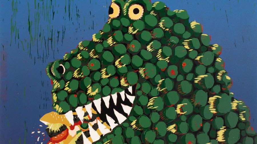 Gilhooly Print of a Dinosaur Eating a Hamburger