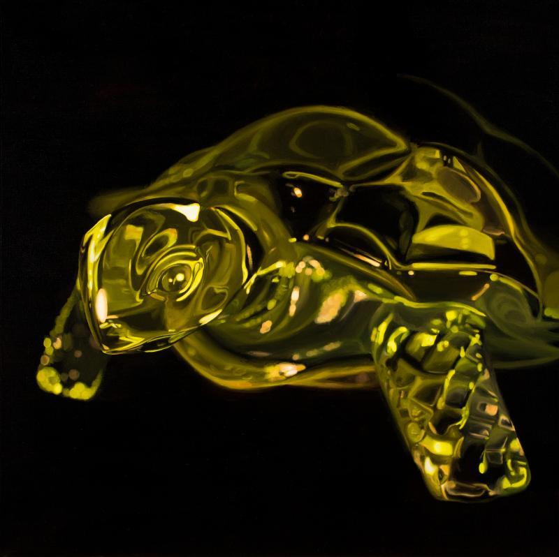 black background with yellow tortoise painting