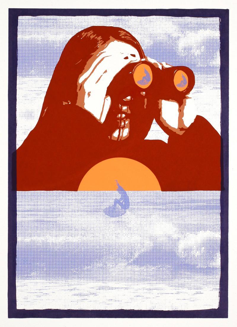 screenprint with surfer and binoculars