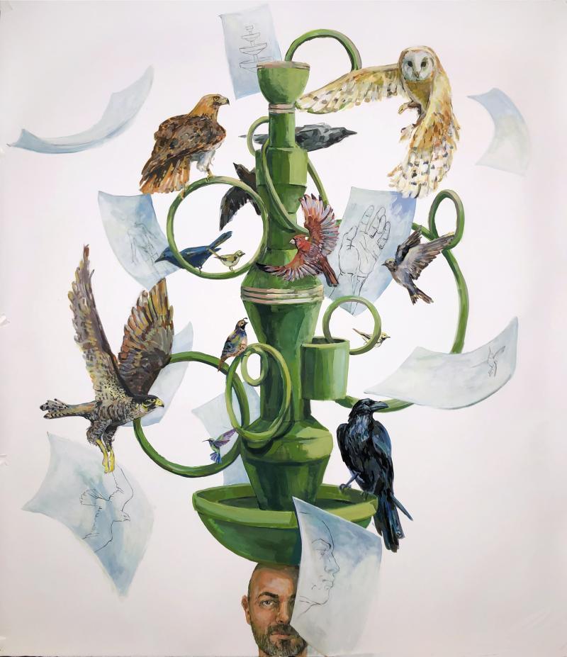 artist self-portrait with a green sculpture atop his head and birds flying around