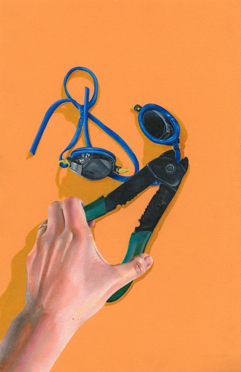 orange drawing with pliers and swim goggles