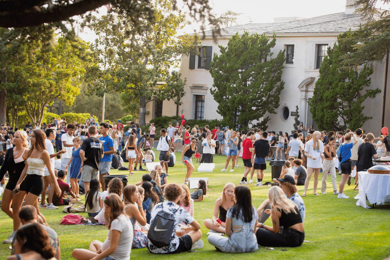 Students at an event on Kerrwood Lawn on Westmont College's campus