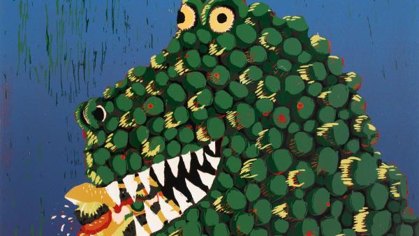 Gilhooly Print of a Dinosaur Eating a Hamburger