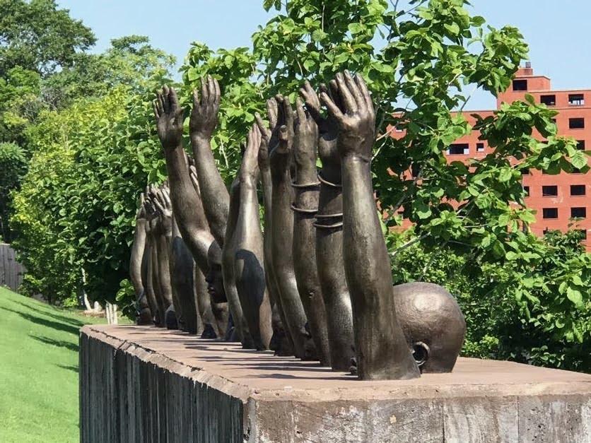 A monument at the National Memorial for Peace and Justice in Montgomery, Alabama