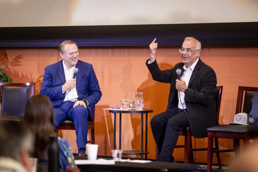 President Gayle D. Beebe chats with author David Brooks