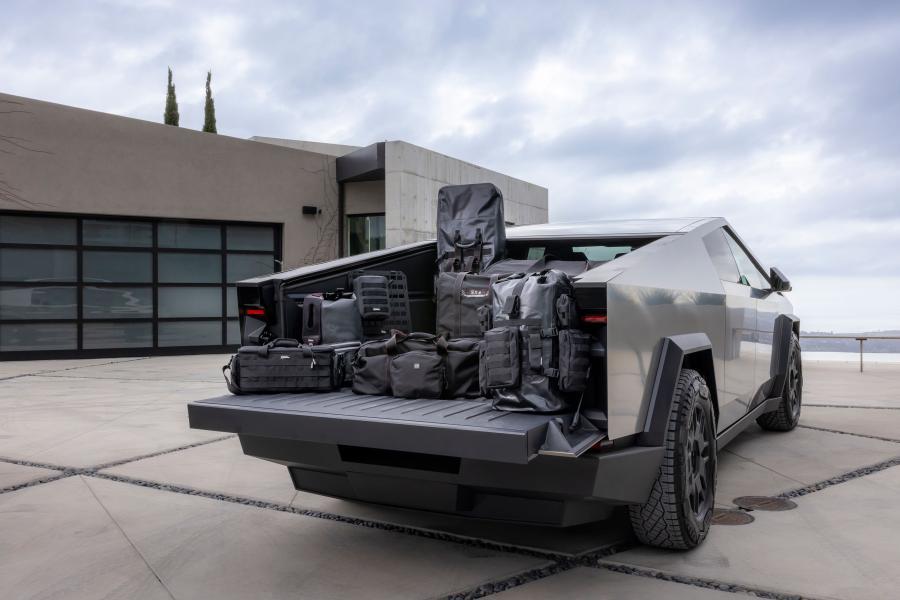 Ryan Judy's CyberTruck holds Mission Darkness bags