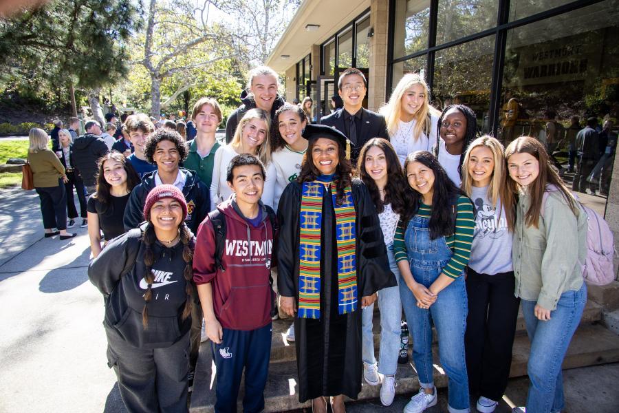 Provost Kim Denu with Westmont Students