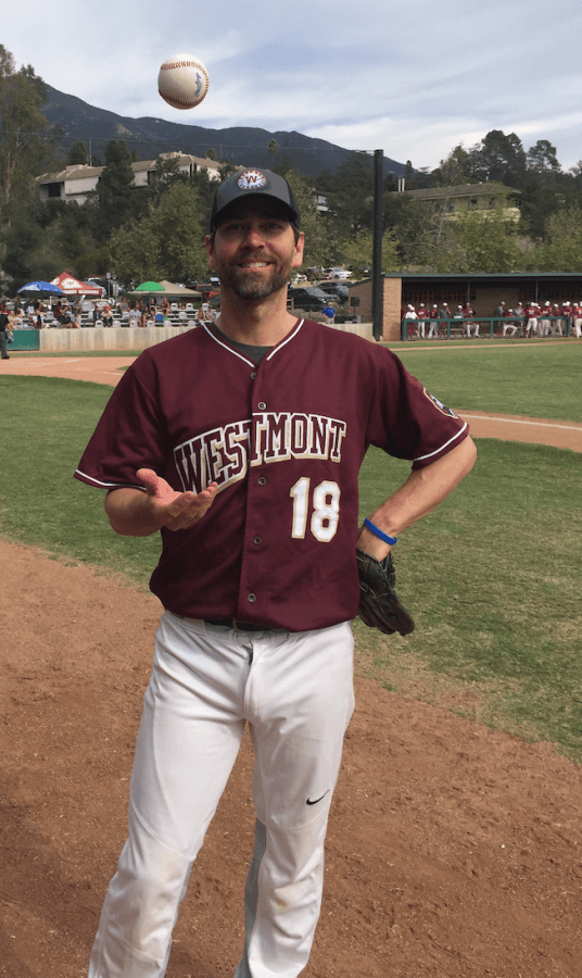 Chris Kurz '97 tosses the ball on Westmont's Carr Field   