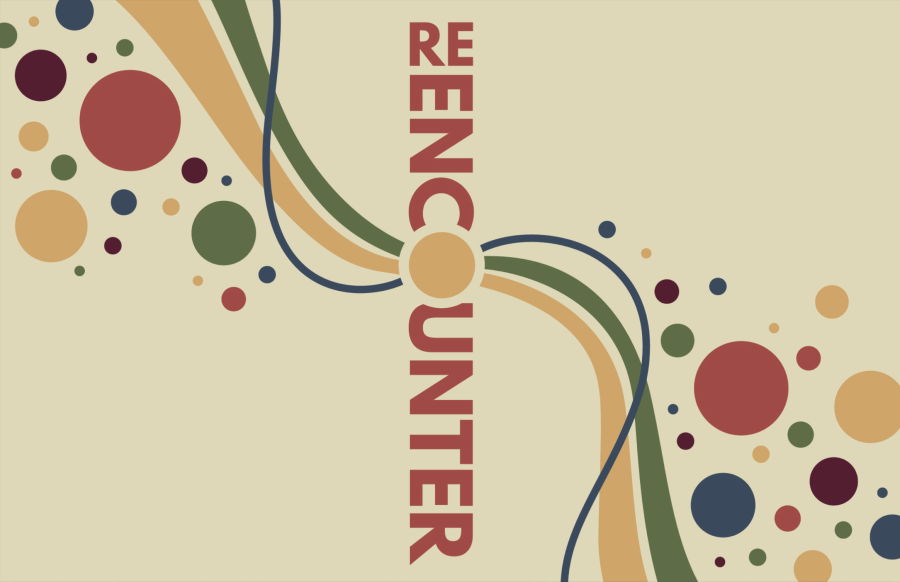Reencounter Senior Postcard with stylized text, circles, and waves