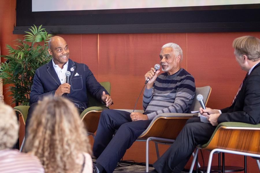 Clayborne Carson answers questions from Marcus 'Goodie' Goodloe and President Gayle D. Beebe