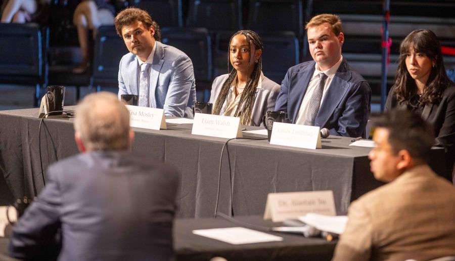 Student panelists posed questions to Bret Stephens at convocation